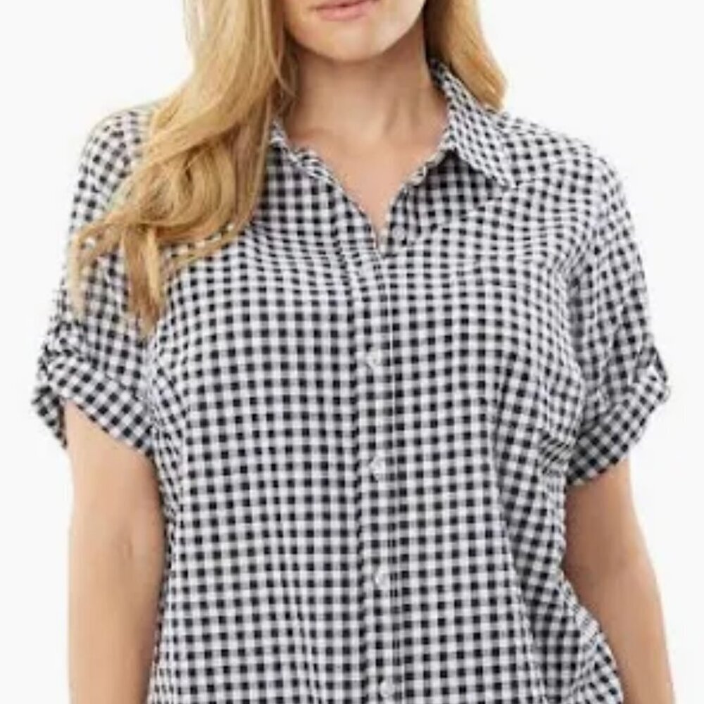 Woman Within Gingham Top Women's Size 14/16 Black White Seersucker Button Front